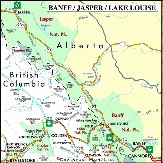 Map of Banff, Jasper, and Lake Louise, Alberta – British Columbia Travel and Adventure Vacations