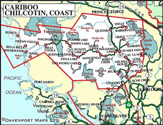 Map of the Cariboo, Chilcotin, Coast, BC, Canada