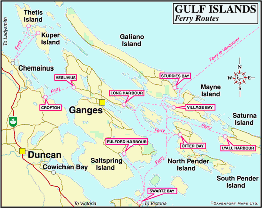 Map of the Gulf Islands Ferry Routes, British Columbia