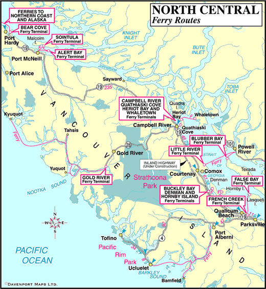 Map of North Central Vancouver Island Ferry Routes, British Columbia