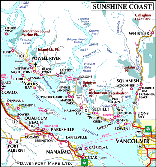 Map of the Sunshine Coast, BC, Canada