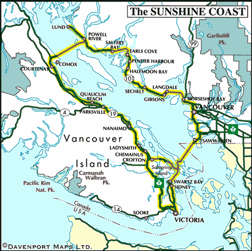 Circle Tour Map of the Sunshine Coast and Vancouver Island, BC