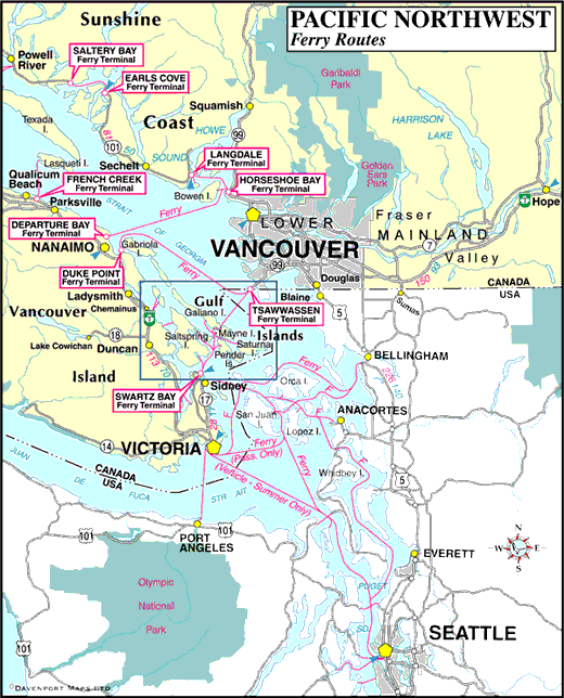 Map of the Pacific Northwest Ferry Routes, British Columbia