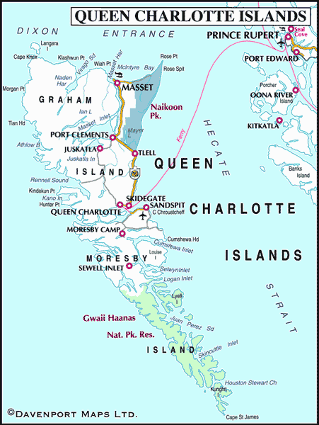 Map of Haida Gwaii (Queen Charlotte Islands), BC, Canada