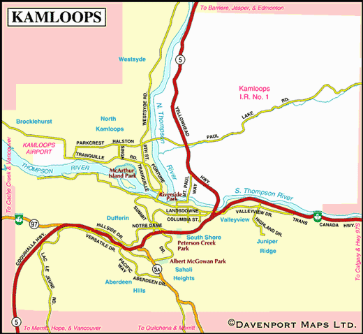 Map of Kamloops, Thompson Okanagan, BC, Canada