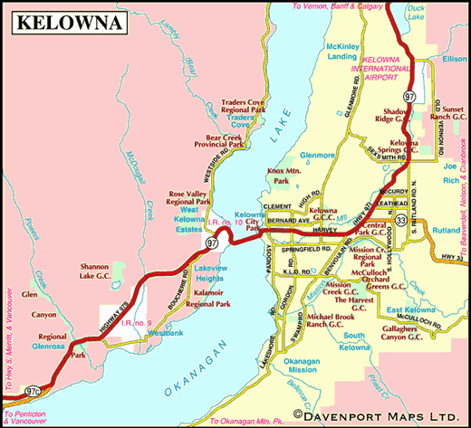 Map of Kelowna, Thompson Okanagan, BC, Canada