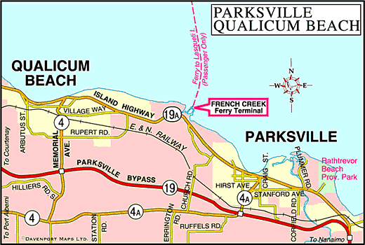 Map of Parksville and Qualicum Beach, Central Vancouver Island, BC, Canada