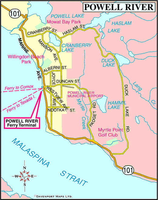 Map of Powell River, Sunshine Coast, BC, Canada