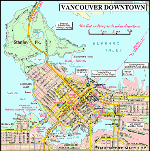 Map of Vancouver Downtown, Vancouver, BC, Canada