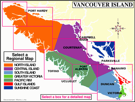 Map of the Regions of Vancouver Island, BC, Canada