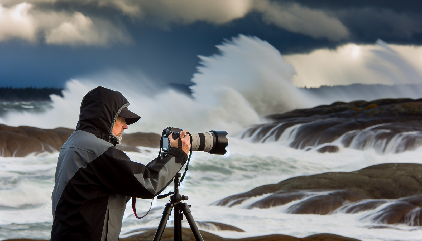 Storm Watching Photographer capturing the fury of a storm on Vancouver Island 