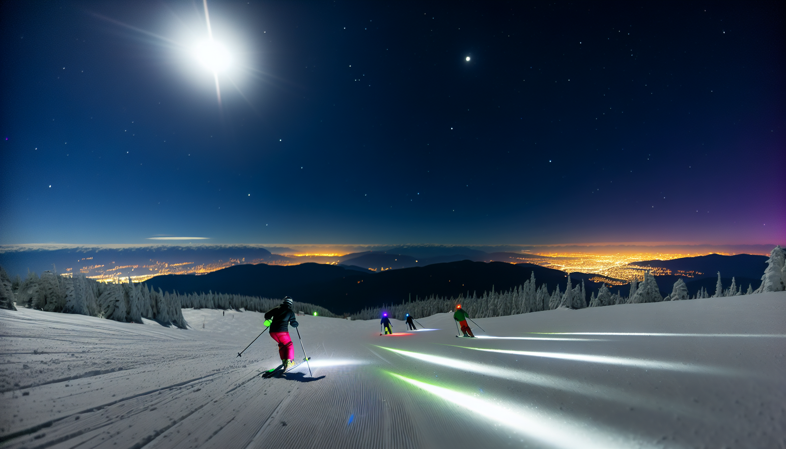 Night skiing with city lights at Grouse Mountain