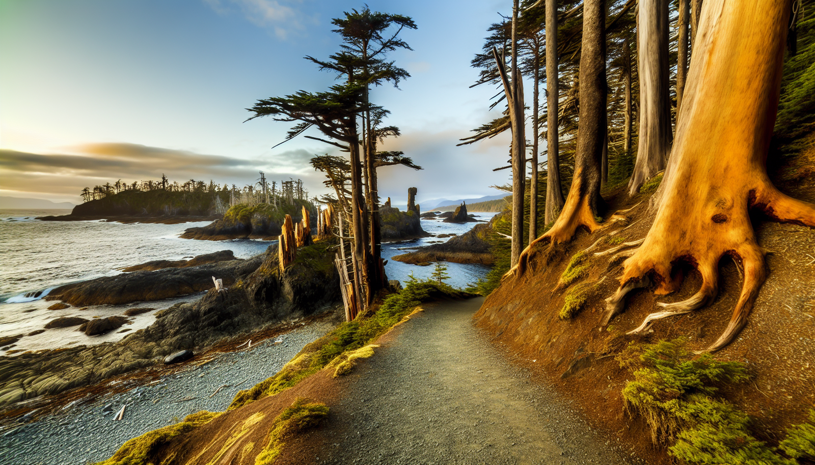 Scenic hiking trail overlooking the coastline of Haida Gwaii
