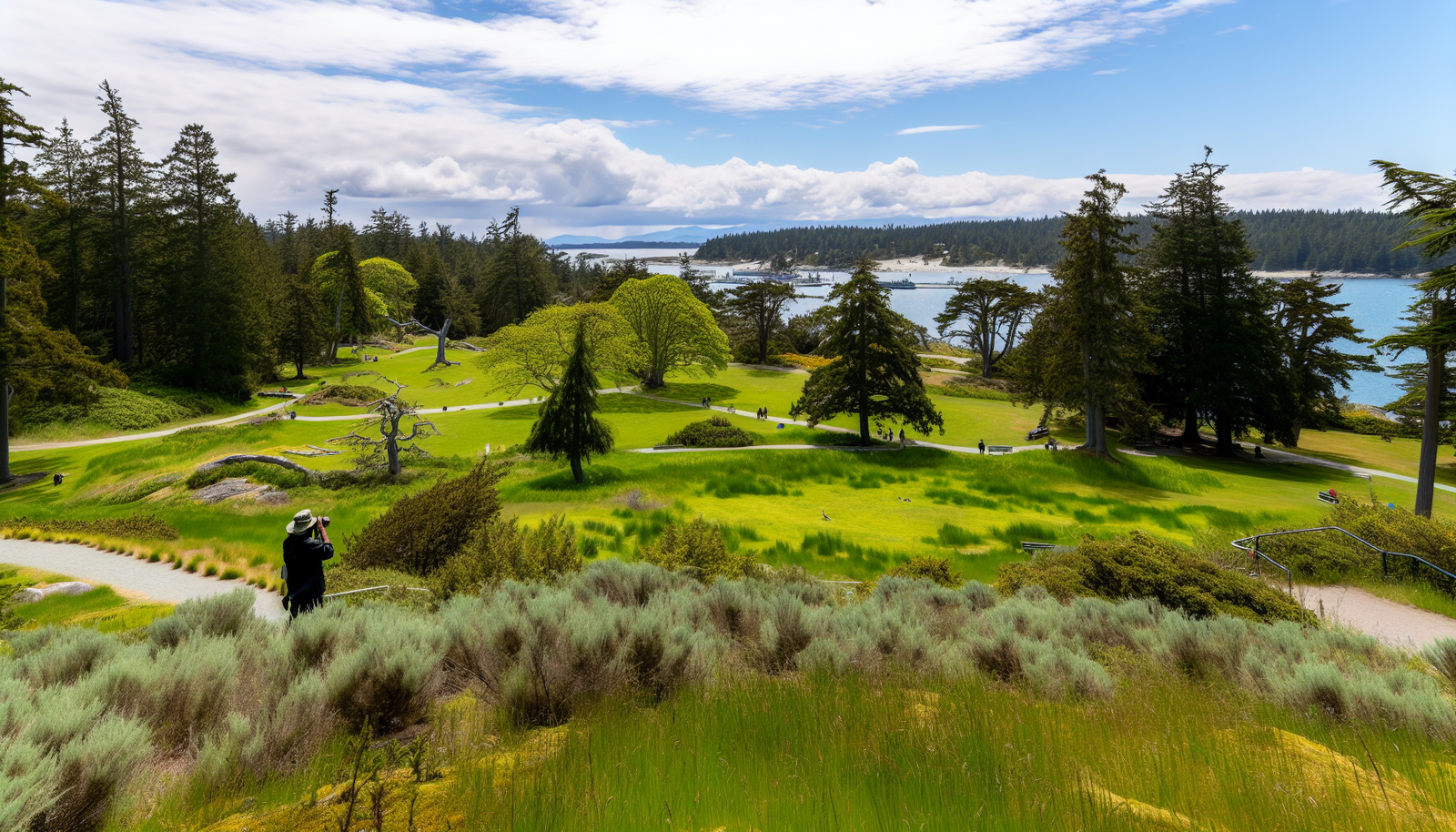 Scenic view of a park with lush greenery on one of the Gulf Islands accessible via BC Ferries