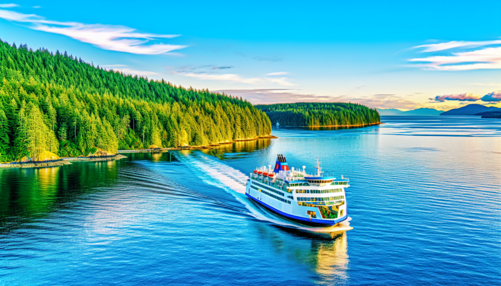 A scenic view of a ferry sailing towards Vancouver Island