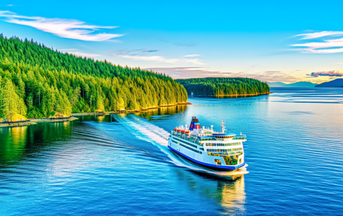 A scenic view of a ferry sailing towards Vancouver Island