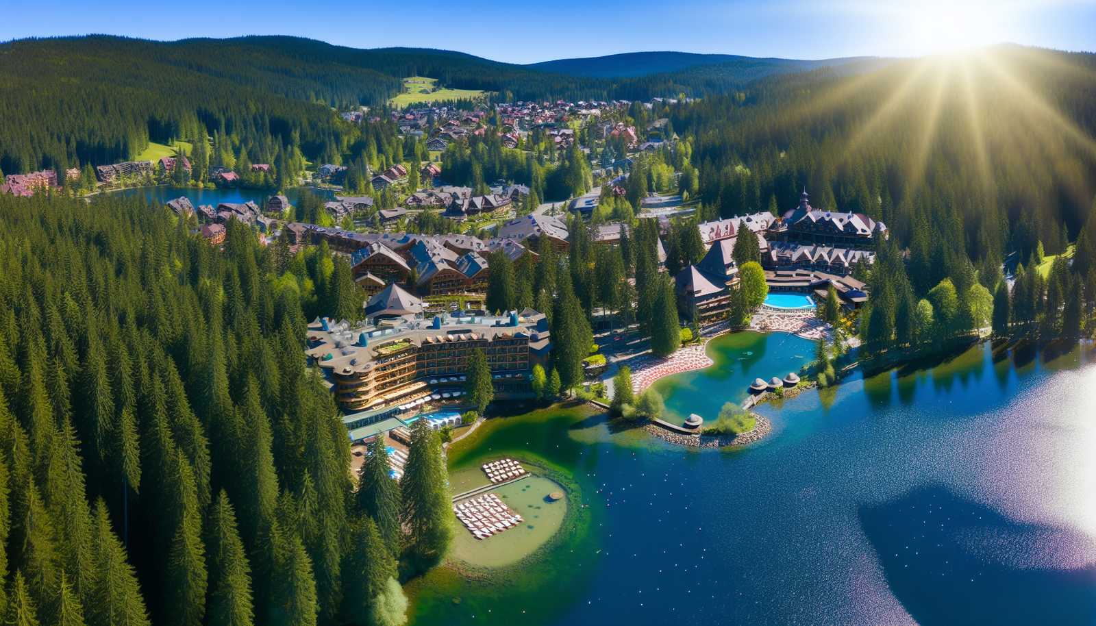 Aerial view of Harrison Hot Springs Resort surrounded by scenic beauty