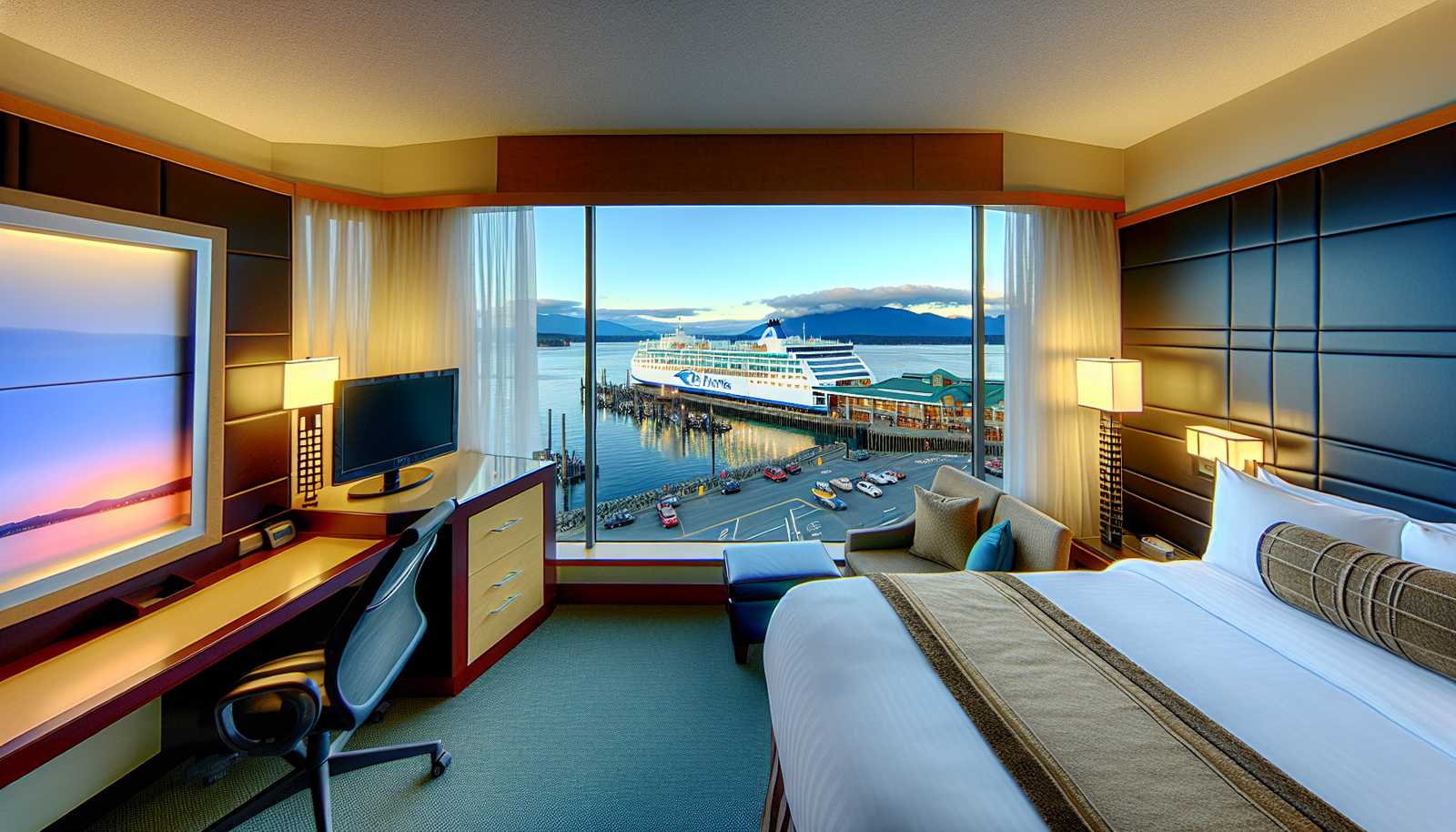 A cozy hotel room with a view of the BC Ferries terminal in Departure Bay, Vancouver Island
