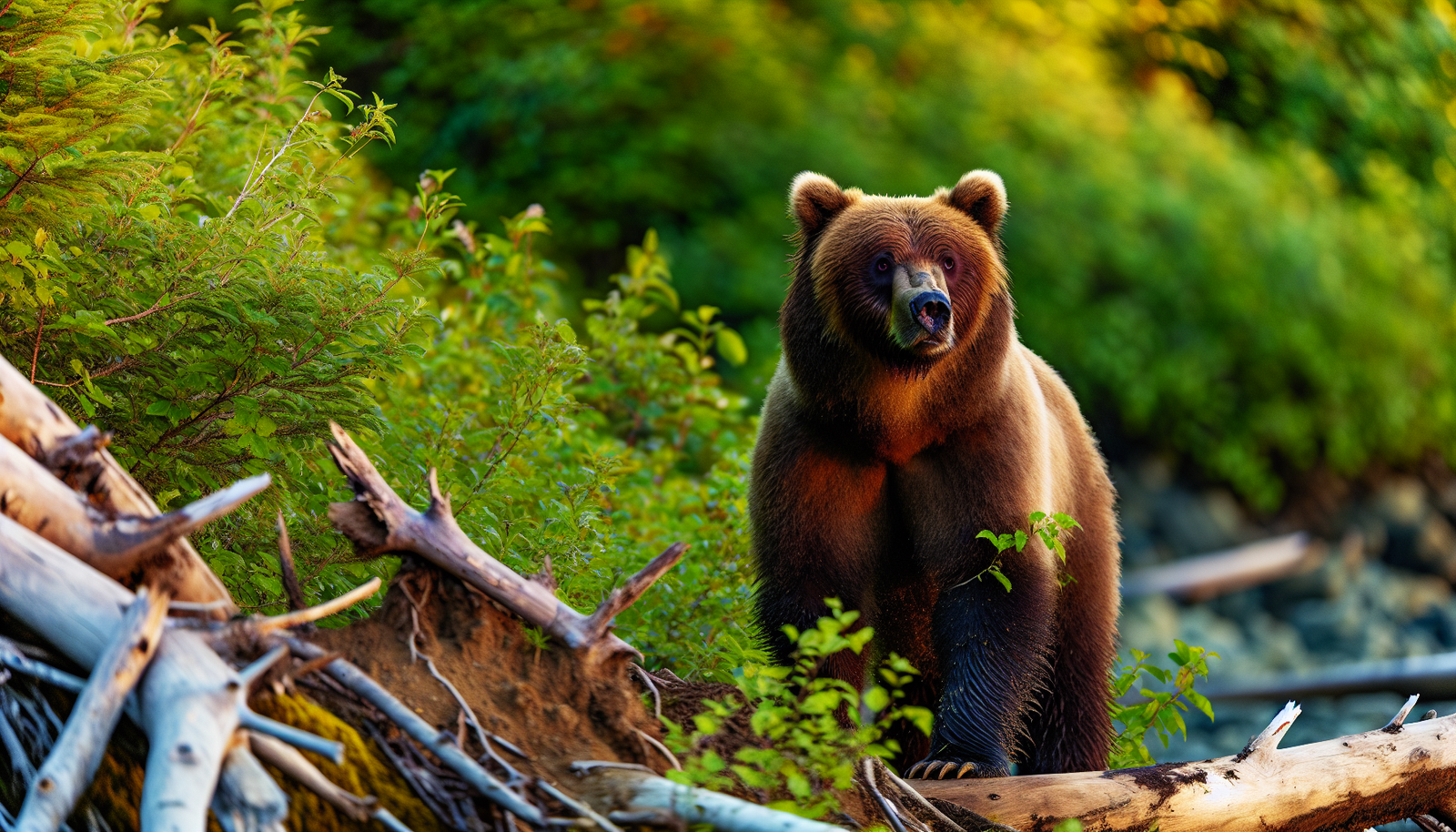 A majestic grizzly bear in its natural habitat in the Great Bear Rainforest