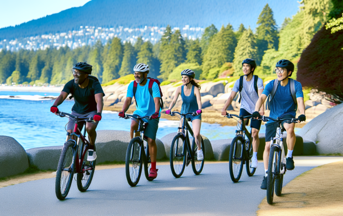 Cyclists enjoying the scenic Stanley Park Seawall one of the best Vancouver tourist spots.