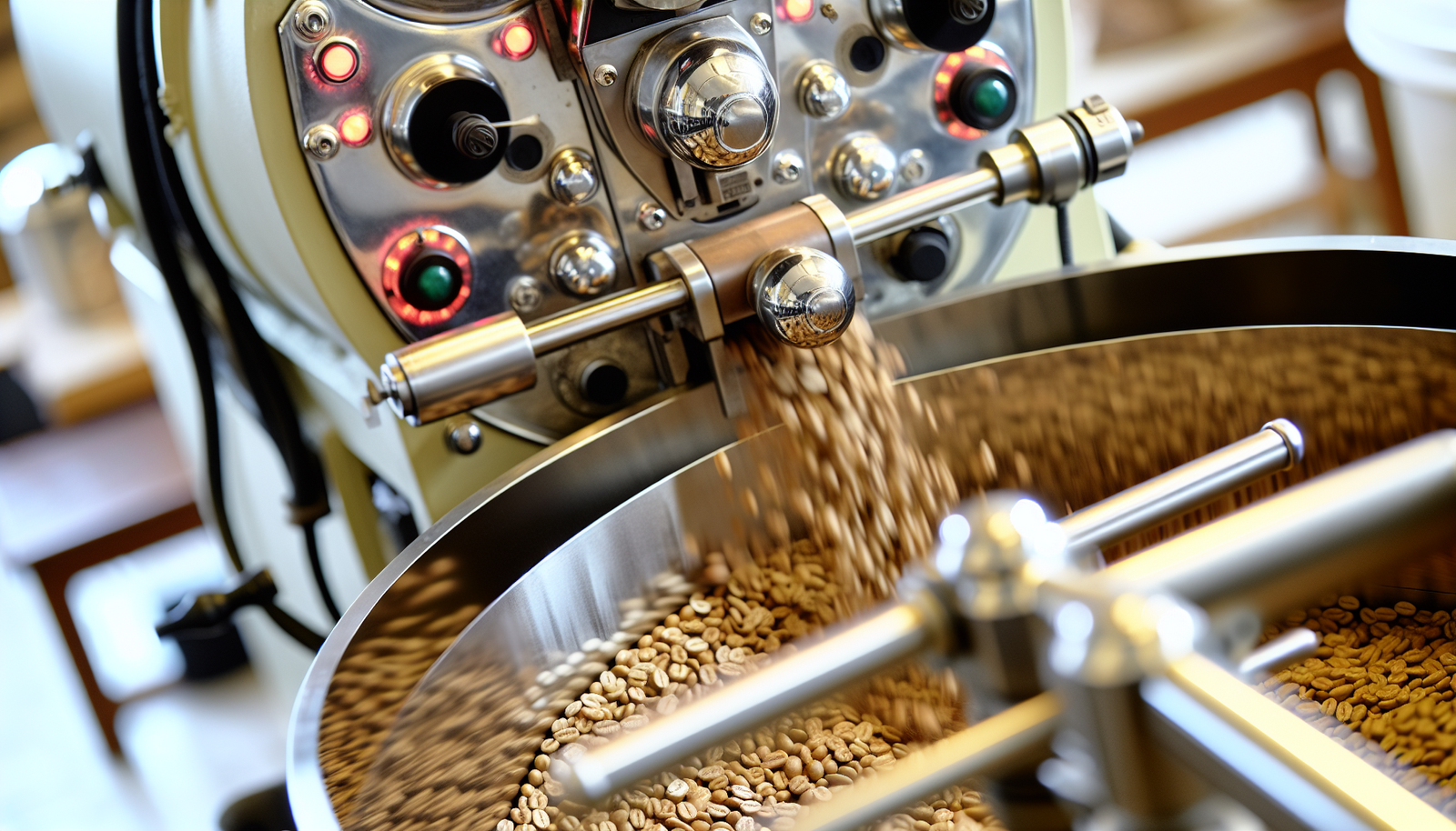 A close-up of a coffee roasting machine in action