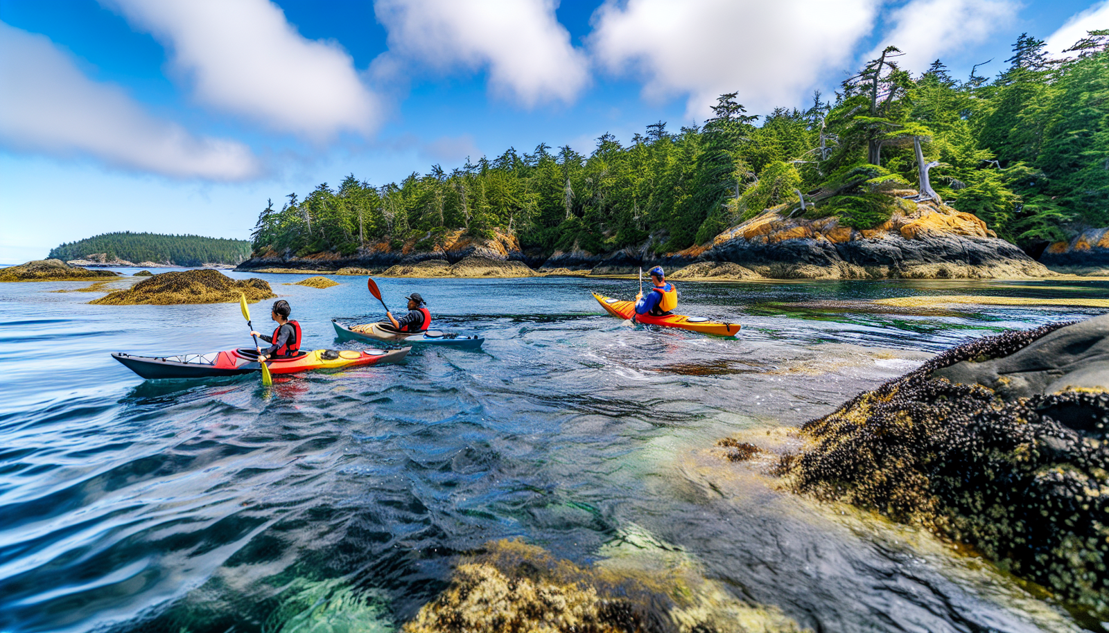 Kayakers exploring the pristine waters and rugged coastline of Pender Island, Gulf Islands