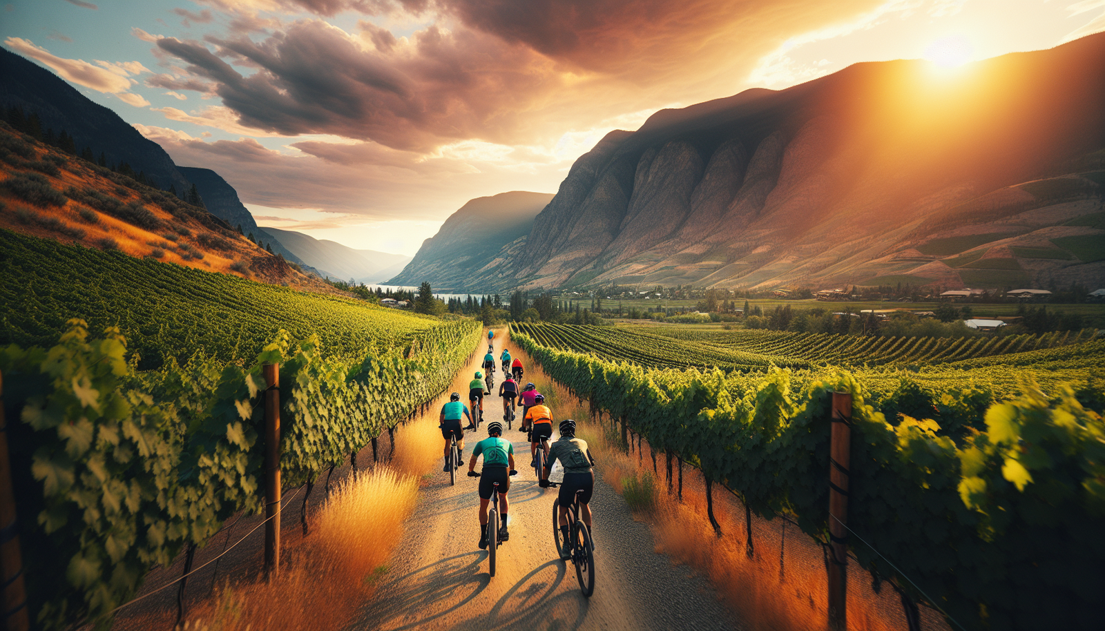 Cyclists riding along a trail with vineyards and mountains in the background