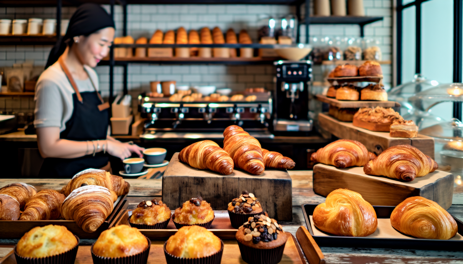 A selection of artisan pastries and savory sandwiches in a coffee shop