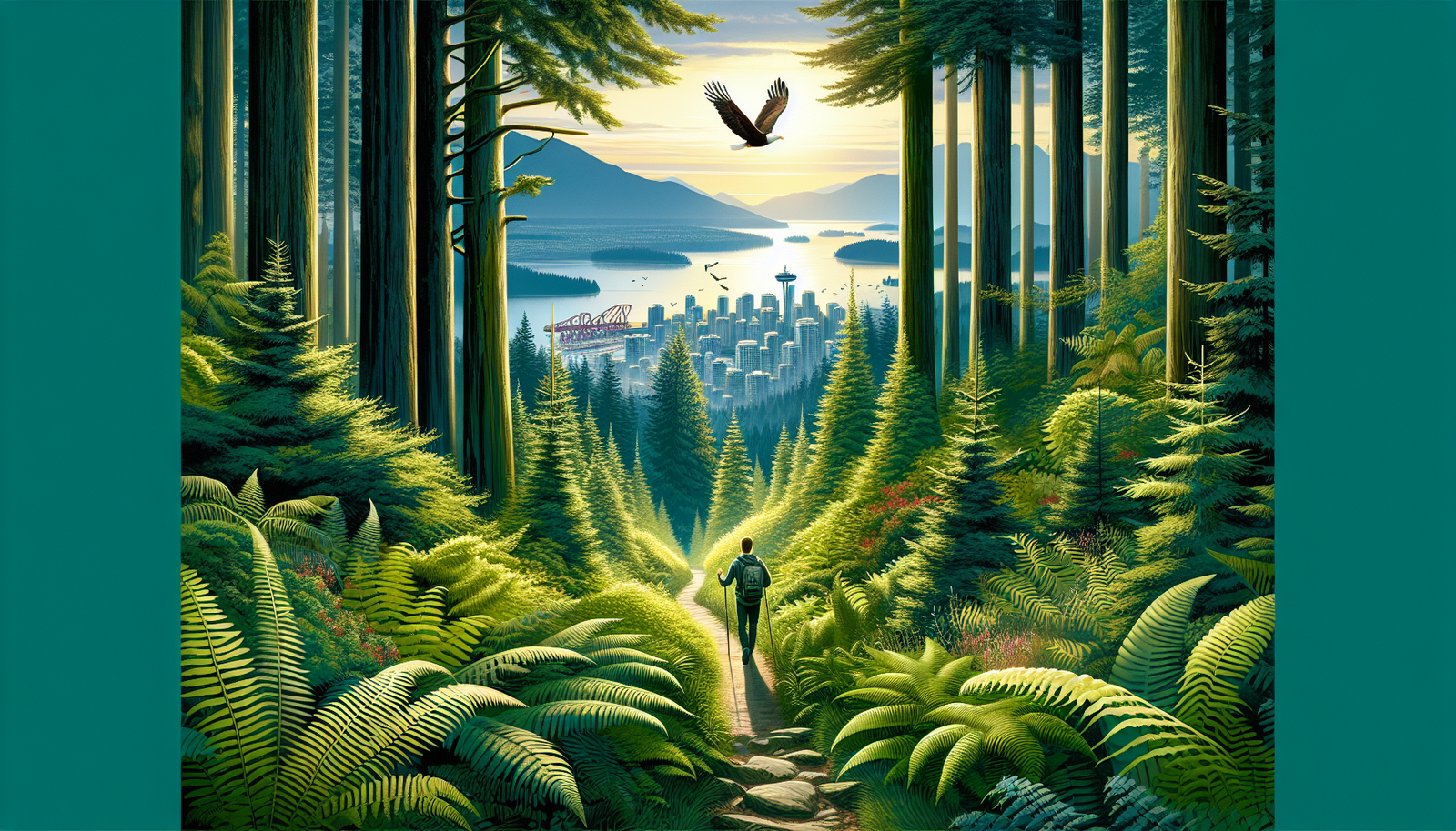 Illustration of a person hiking on a trail with a scenic view of Vancouver's nature