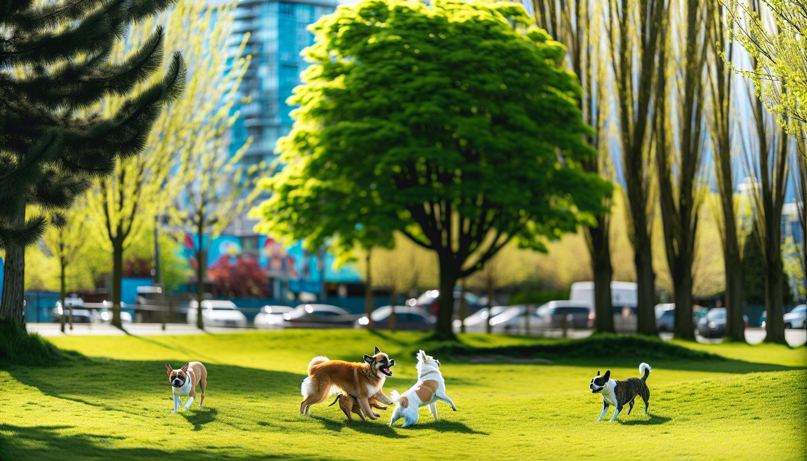 Dogs playing joyfully in an off-leash park in Vancouver
