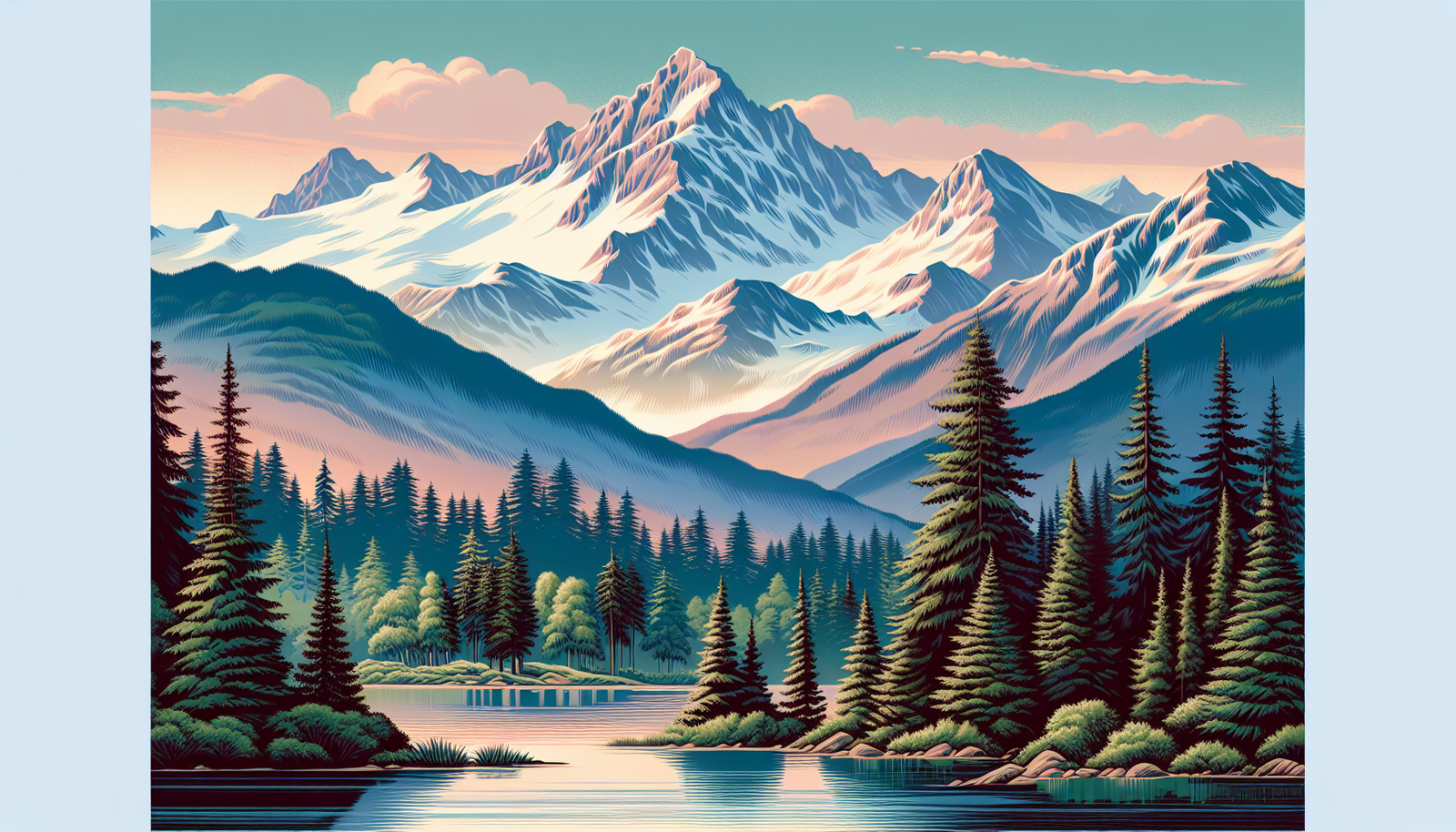 Whistler's serene landscape with mountains and forests in an artistic illustration