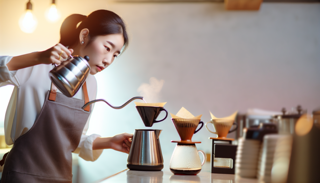 A barista expertly preparing a cup of pour-over coffee in a Vancouver coffee shop.
