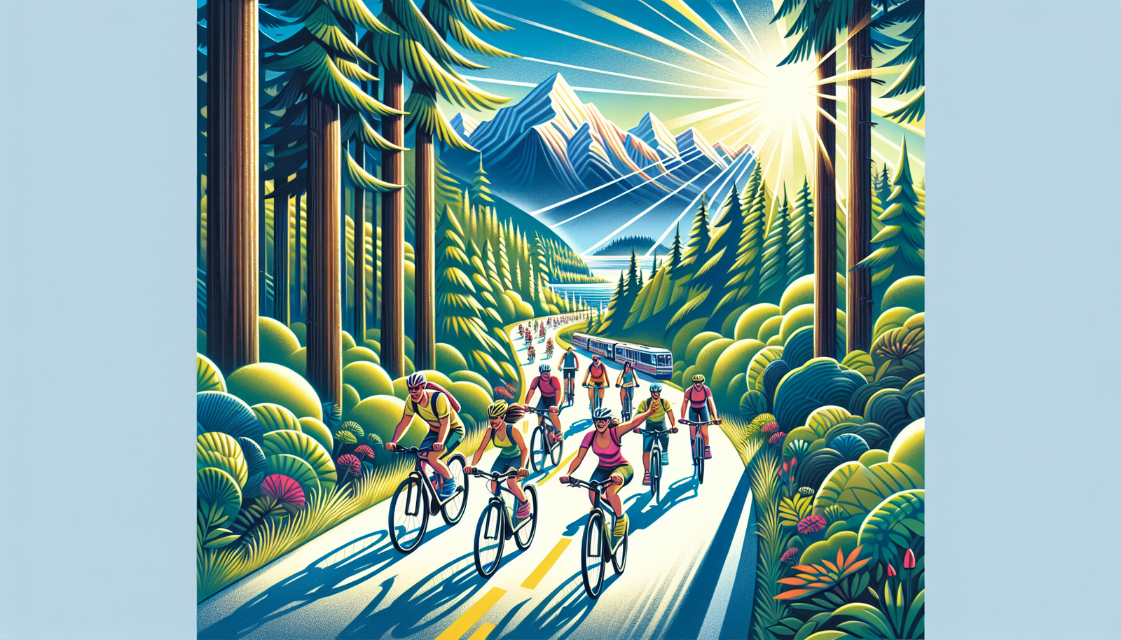 Scenic illustration of cyclists riding along a picturesque bike route in Vancouver