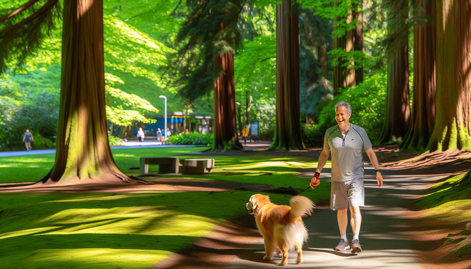 A dog walking with its owner in a pet-friendly park in Vancouver