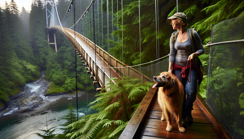 A leashed dog and its owner enjoying the scenic Capilano Suspension Bridge. Dog Friendly Trails.