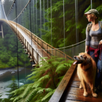 A leashed dog and its owner enjoying the scenic Capilano Suspension Bridge. Dog Friendly Trails.