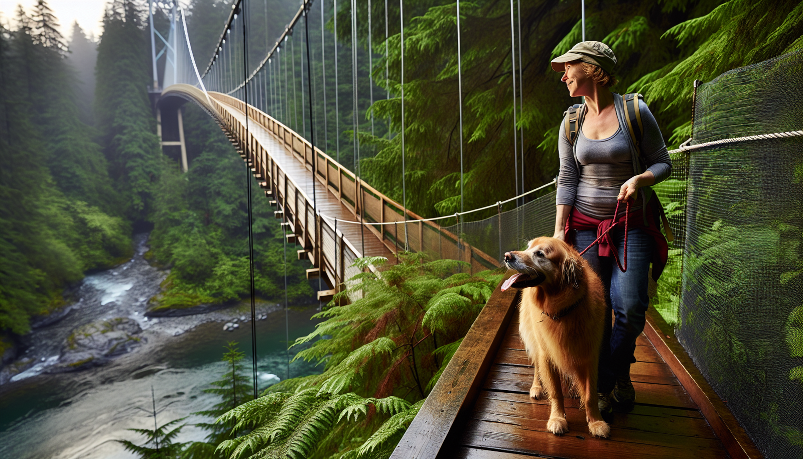 A leashed dog and its owner enjoying the scenic Capilano Suspension Bridge