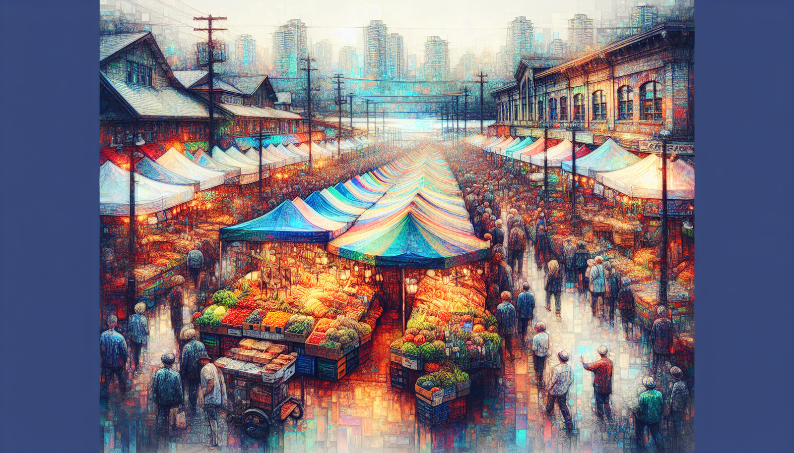 Artistic representation of Granville Island Public Market with vibrant stalls and live entertainment
