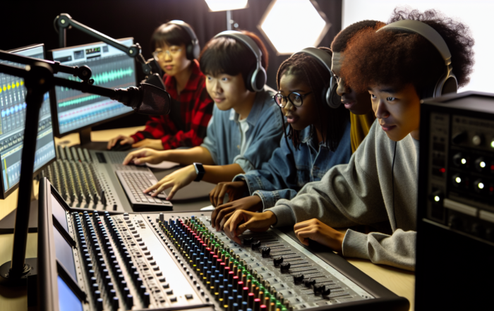 Vancouver Film students experimenting with sound design in a professional studio