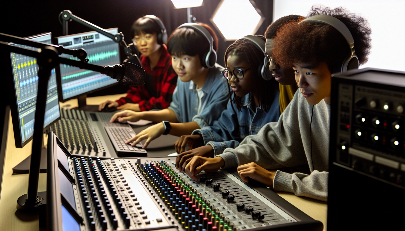 Film students experimenting with sound design in a professional studio