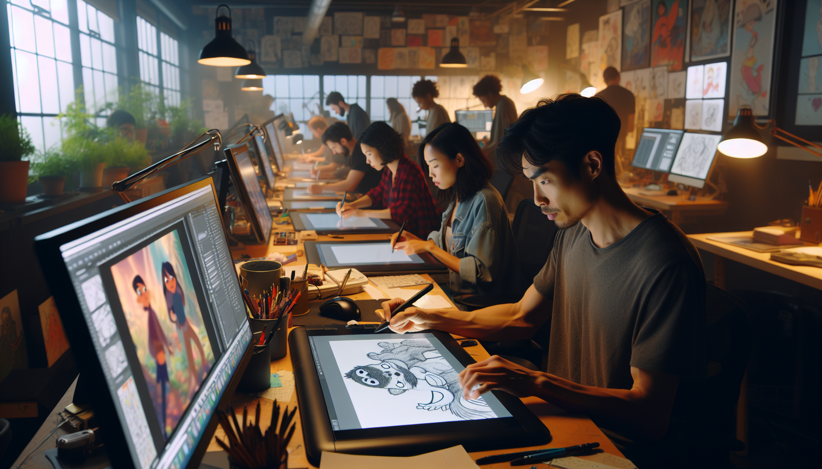 Artists working on animation projects in a studio in Vancouver