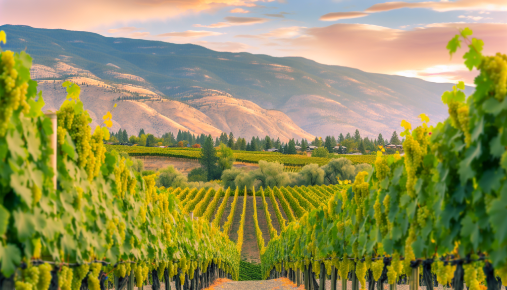 Osoyoos vineyard landscape with rows of grapevines and mountains in the distance