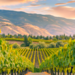 Osoyoos vineyard landscape with rows of grapevines and mountains in the distance