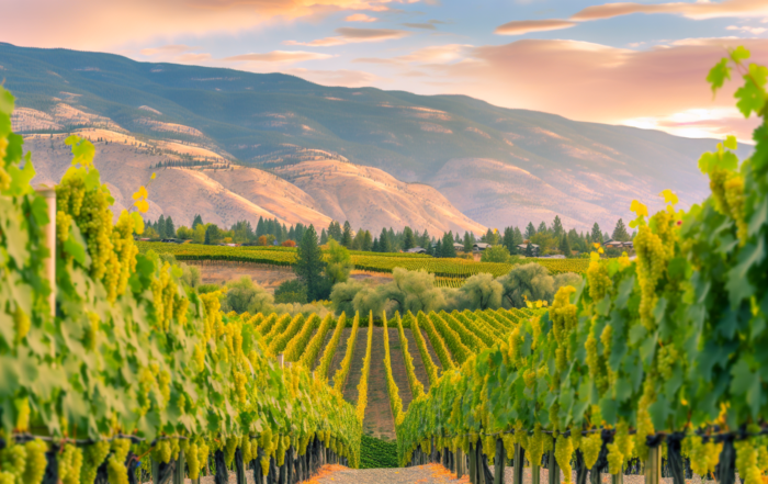 Osoyoos vineyard landscape with rows of grapevines and mountains in the distance