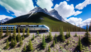 Rocky Mountaineer train passing through Canadian Rockies