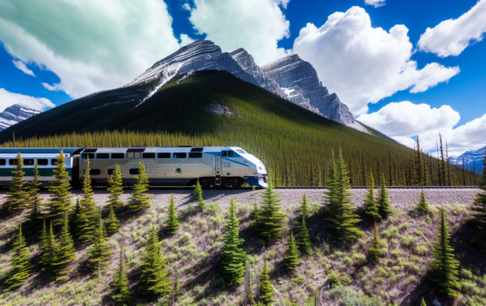 Rocky Mountaineer train passing through Canadian Rockies