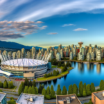 Vancouver skyline with BC Place stadium in the foreground. Soccer World Cup 2026.