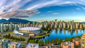 Vancouver skyline with BC Place stadium in the foreground. Soccer World Cup 2026.