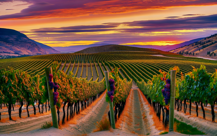 Vineyards in Okanagan Valley at sunset
