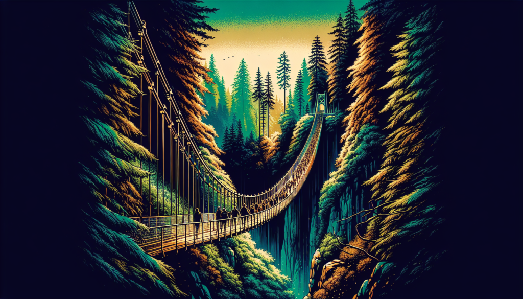 Vancouver summer activities; Illustration of visitors crossing the Capilano Suspension Bridge surrounded by lush forest; Vancouver summertime activities